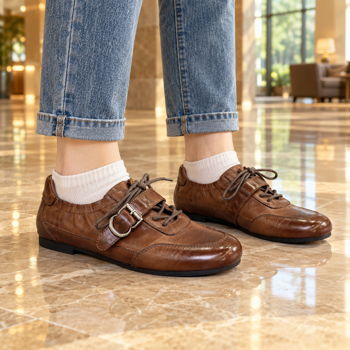 Brown Horse Leather Buckle-Strap Lace-Up Shoes on foot