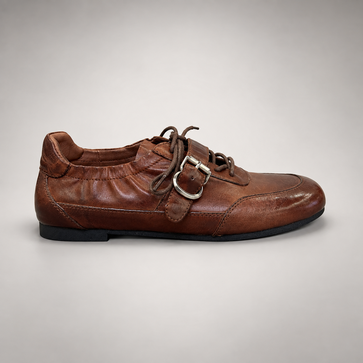 Brown Horse Leather Buckle-Strap Lace-Up Shoes product view 3