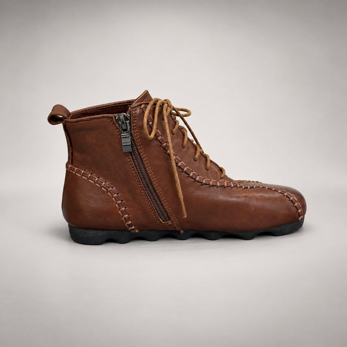 Brown Horse Leather Whipstitch Zip Ankle Boots product view 3