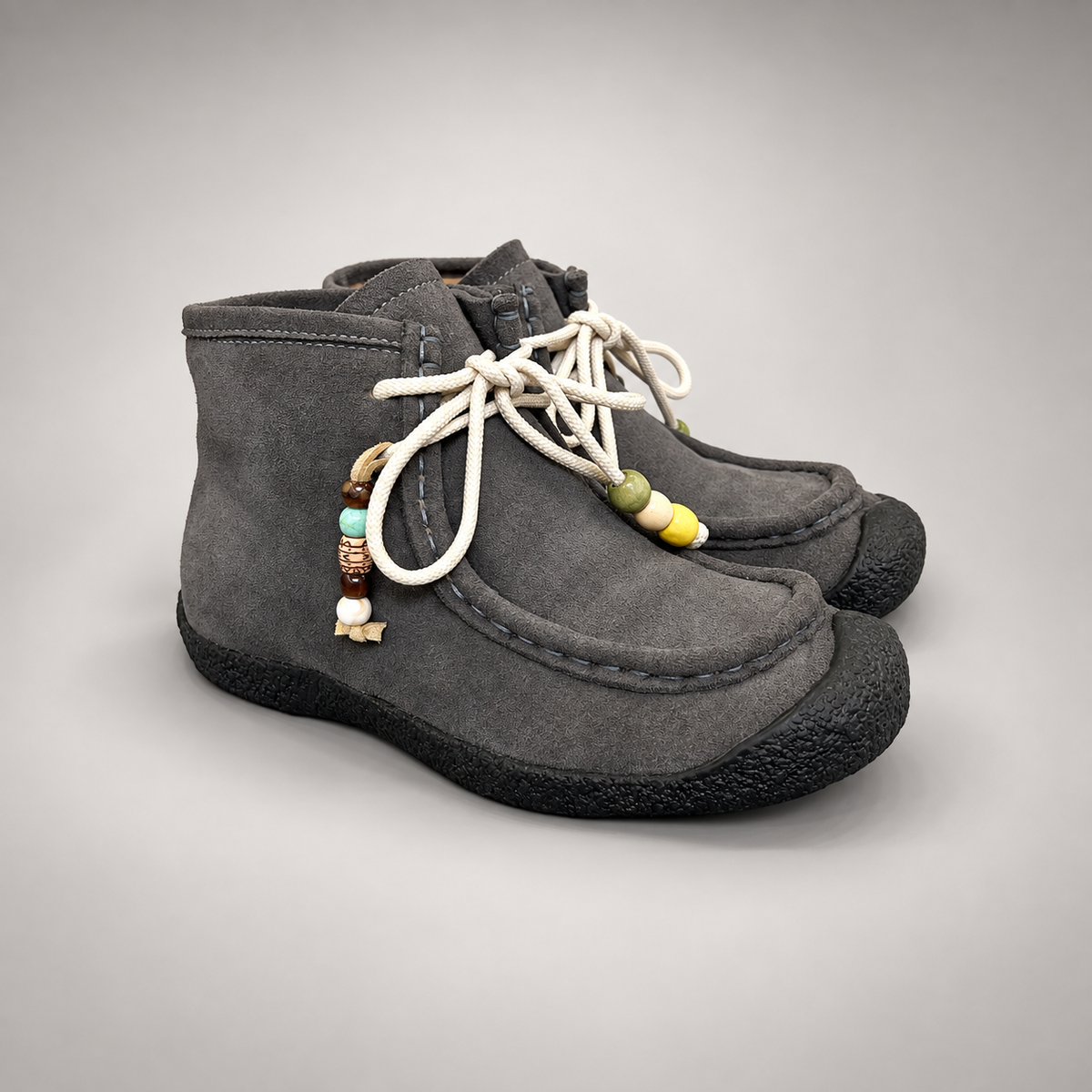 Gray Cow Suede Shearling-Lined Beaded Moc-Toe Boots product view 1