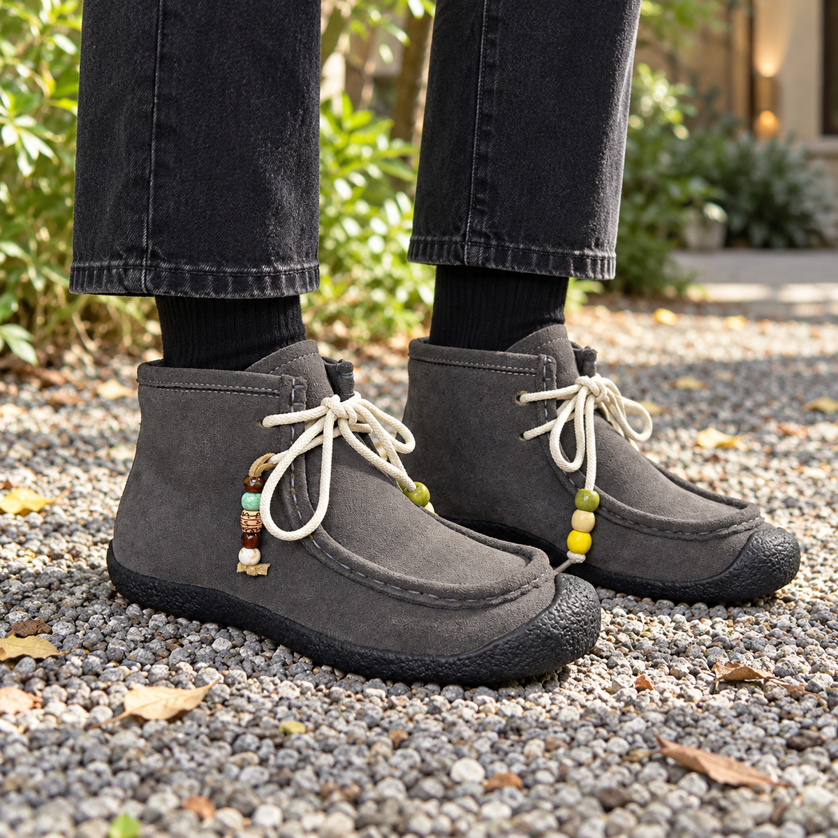Gray Cow Suede Shearling-Lined Beaded Moc-Toe Boots on foot