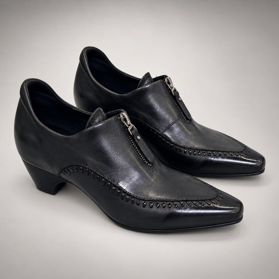Black Washed Cowhide Zip-Front Whipstitch Shoes