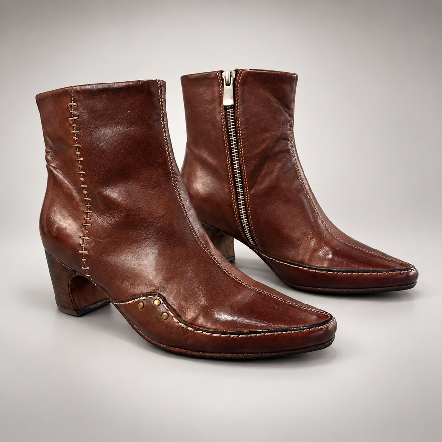 Dark brown horse leather stitched ankle boots product view 1