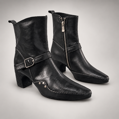 Black washed horse leather buckle-strap ankle boots, pair