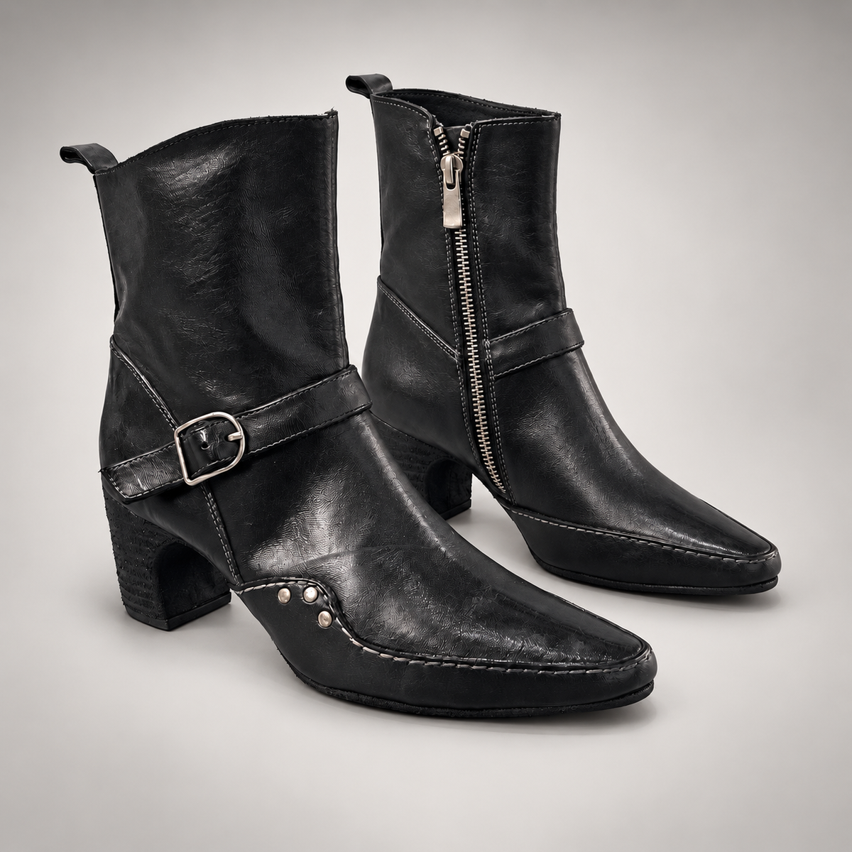 Black washed horse leather buckle-strap ankle boots, pair