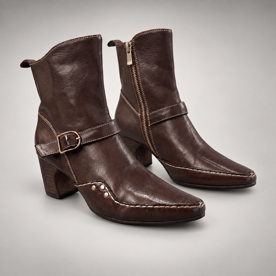 Dark brown washed horse leather buckle-strap ankle boots, pair