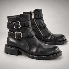 Black washed horse leather double-buckle ankle boots, pair