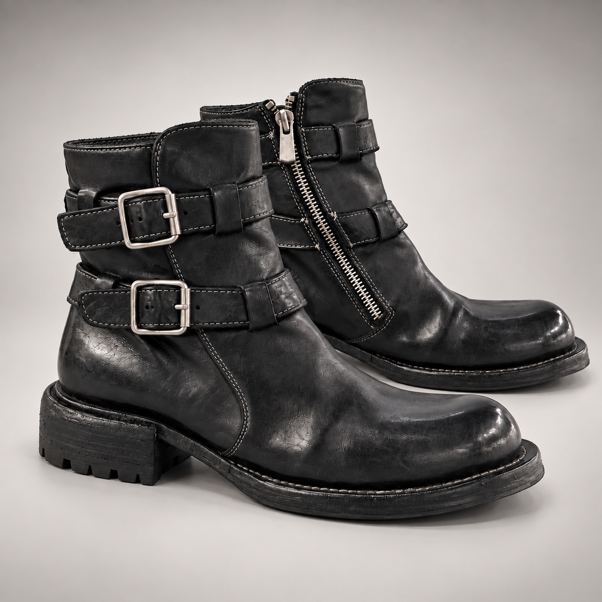 Black washed horse leather double-buckle ankle boots, pair