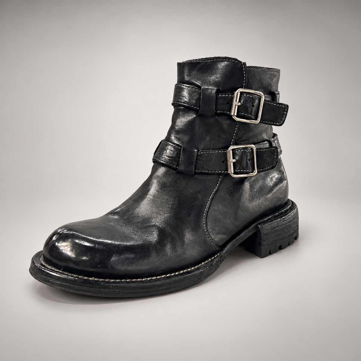 Black double-buckle ankle boots, view 2