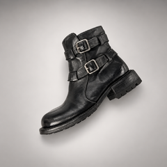 Black double-buckle ankle boots, view 6