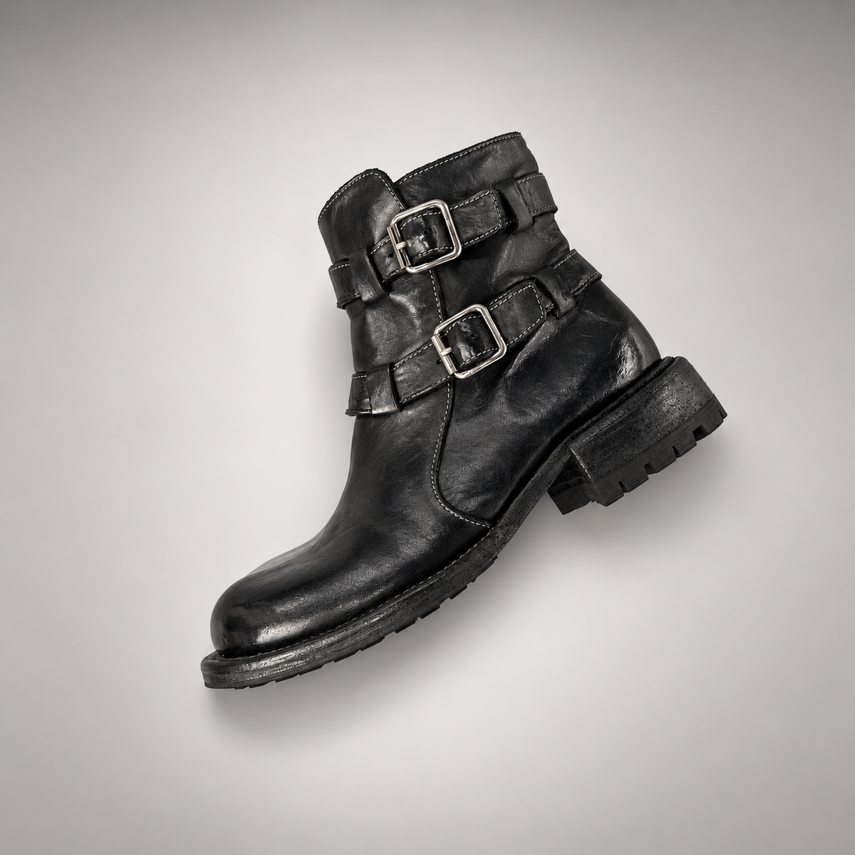 Black double-buckle ankle boots, view 6