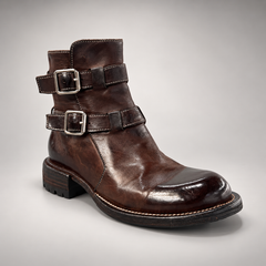 Dark brown double-buckle ankle boots, view 2