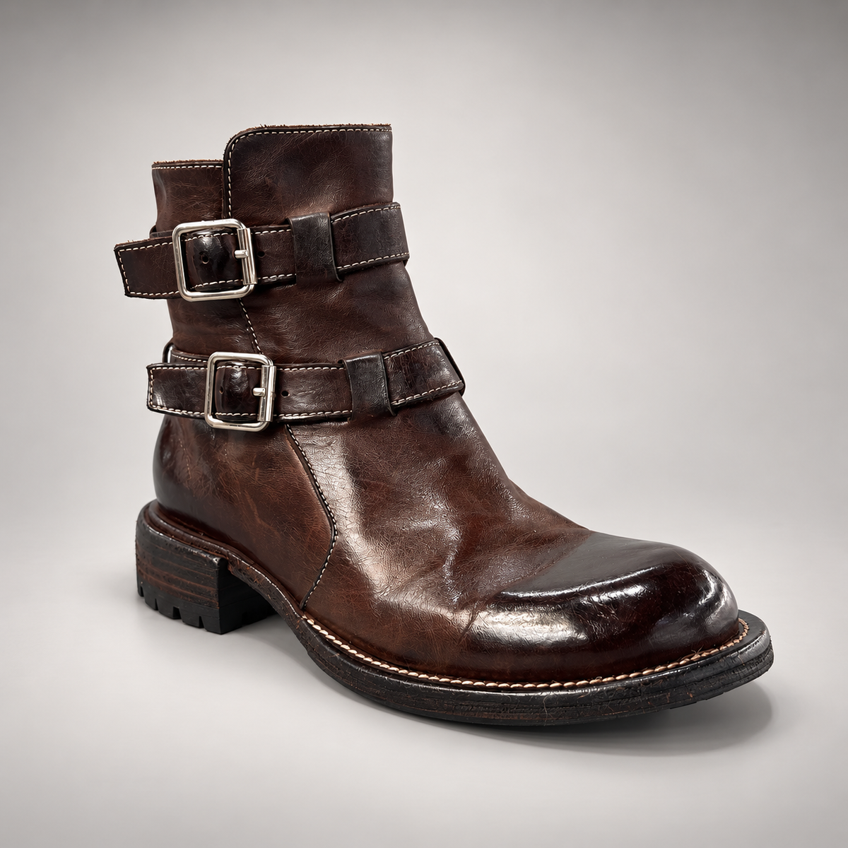 Dark brown double-buckle ankle boots, view 2
