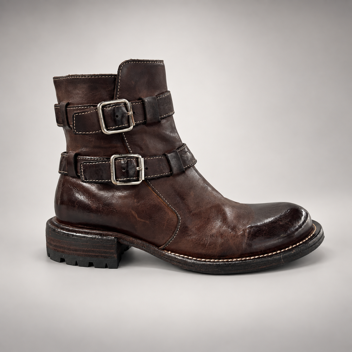 Dark brown double-buckle ankle boots, view 3