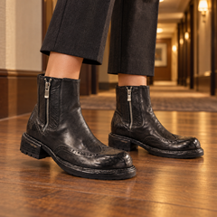 Black Washed Horse Leather Brogue-Toe Side-Zip Ankle Boots