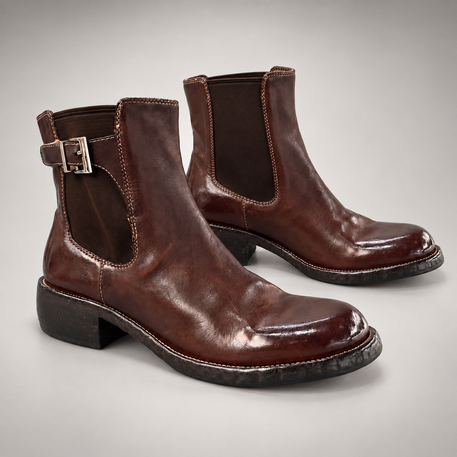 Dark Brown washed horse leather buckle Chelsea ankle boots, pair
