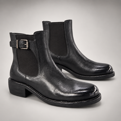 Black washed horse leather buckle Chelsea ankle boots, pair