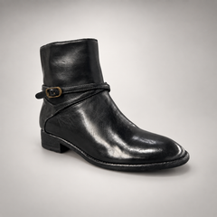 Black wraparound buckle ankle boots, view 2