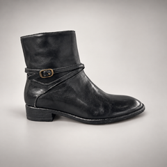 Black wraparound buckle ankle boots, view 3