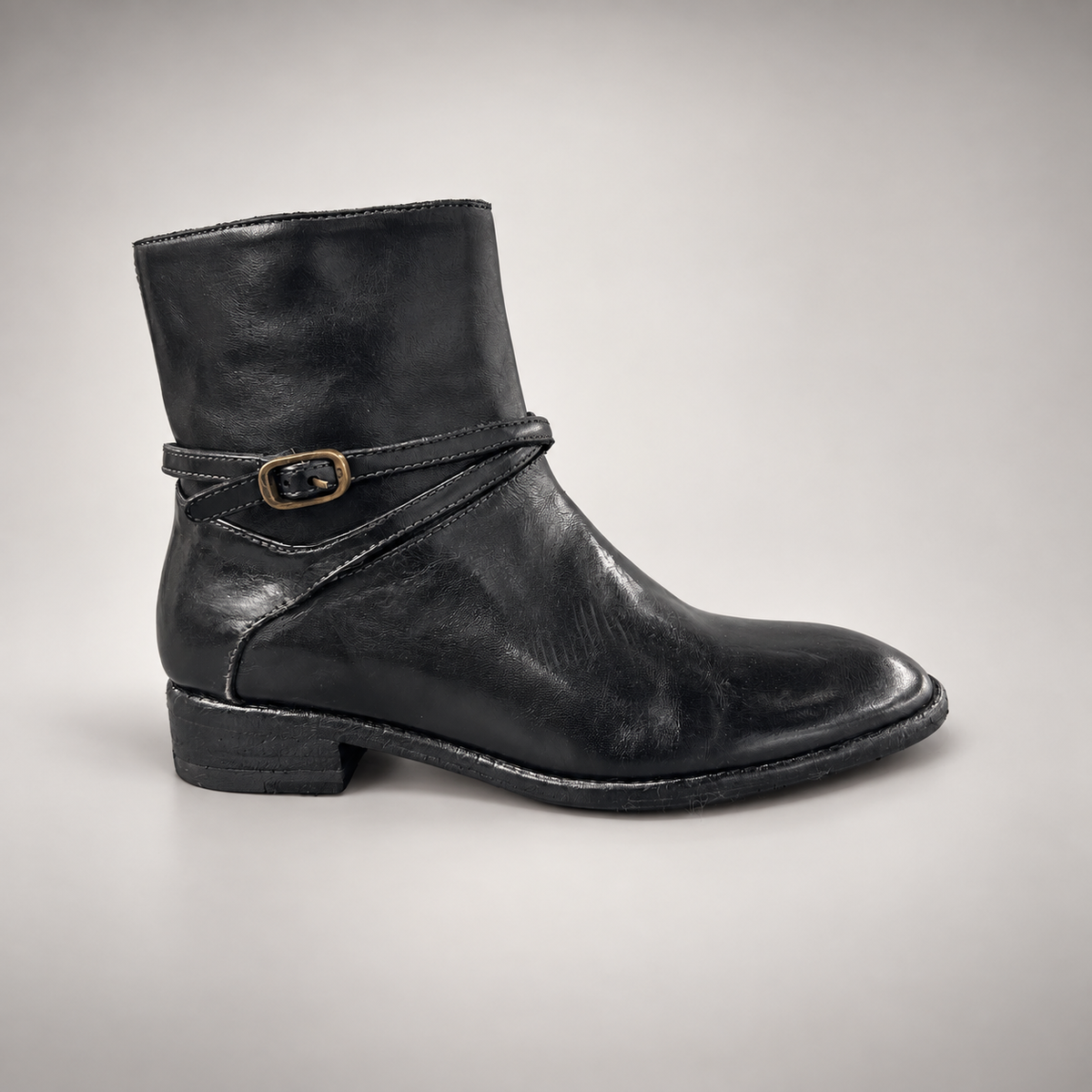 Black wraparound buckle ankle boots, view 3