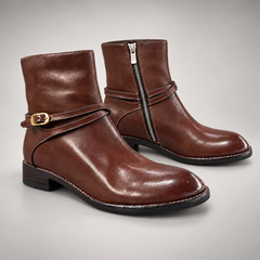 Brown washed horse leather wraparound buckle ankle boots, pair
