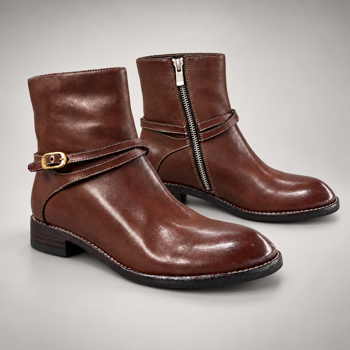 Brown washed horse leather wraparound buckle ankle boots, pair
