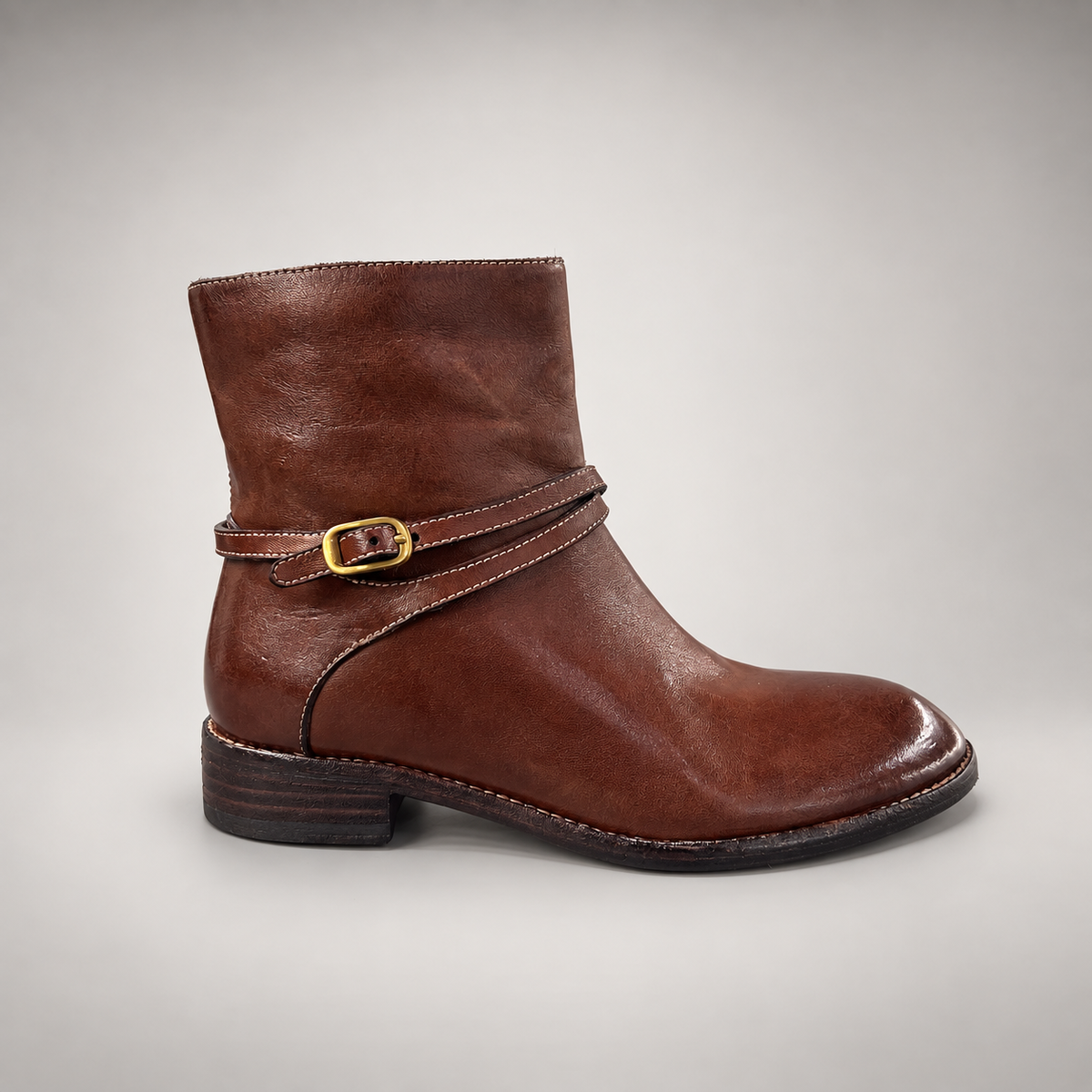 Brown wraparound buckle ankle boots, view 3