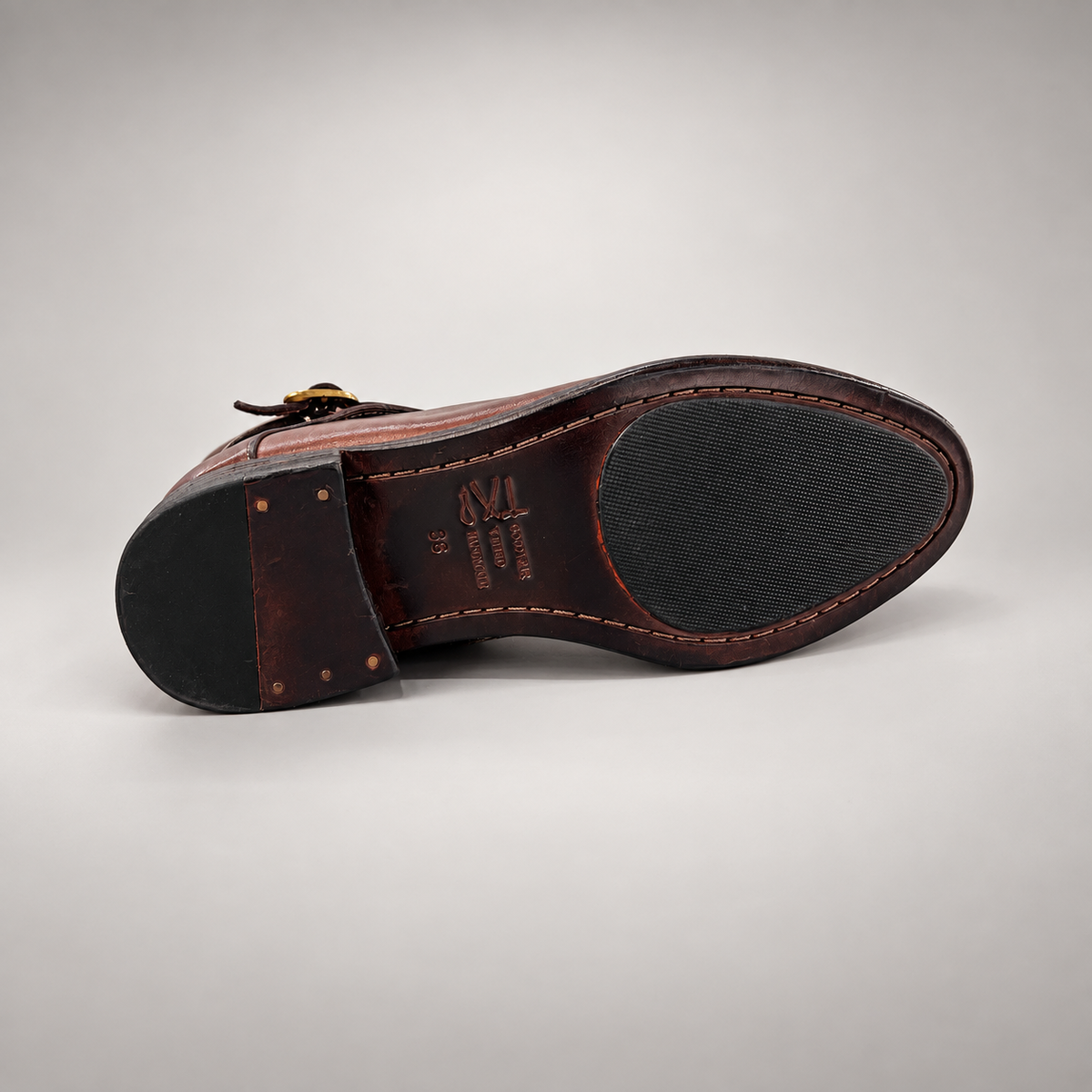 Brown wraparound buckle ankle boots, view 6