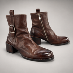 Brown washed horse leather side-buckle ankle boots, pair