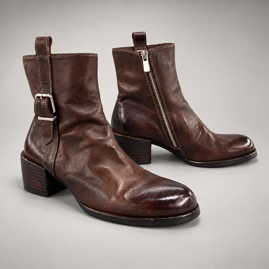 Brown washed horse leather side-buckle ankle boots, pair