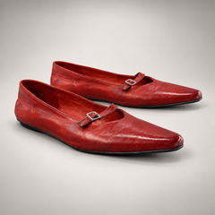 Red washed horse leather buckle-strap Mary Jane flats, pair