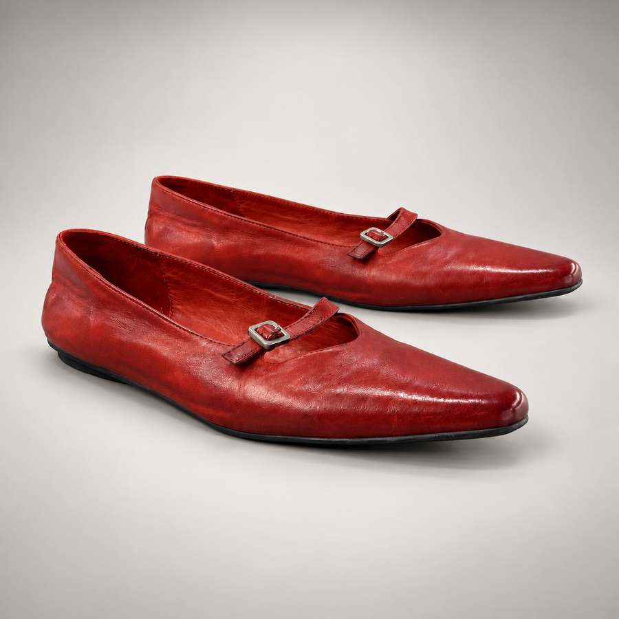 Red washed horse leather buckle-strap Mary Jane flats, pair