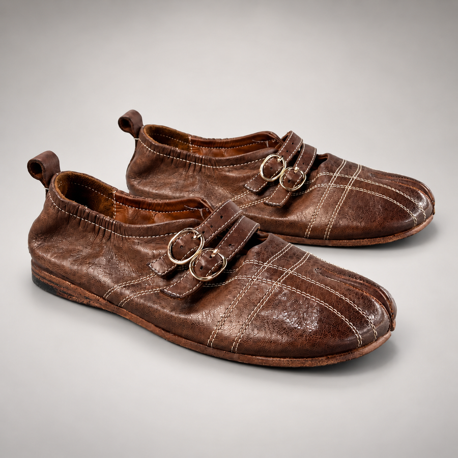 Brown washed horse leather double-buckle split-toe flats, pair