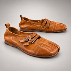 Tan washed horse leather double-buckle split-toe flats, pair