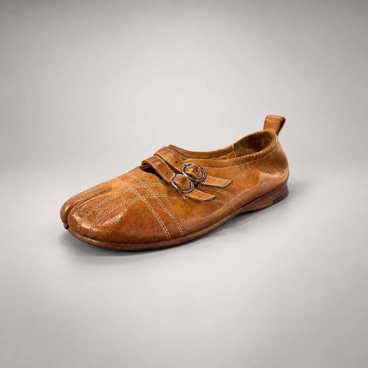 Tan double-buckle split-toe flats, view 2