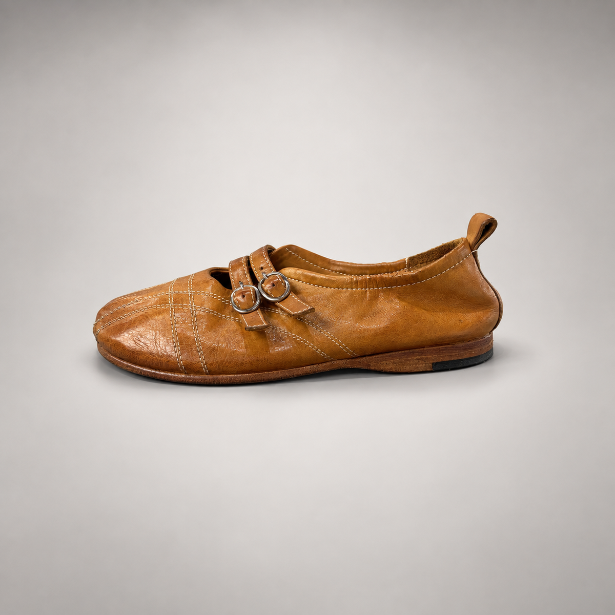 Tan double-buckle split-toe flats, view 3