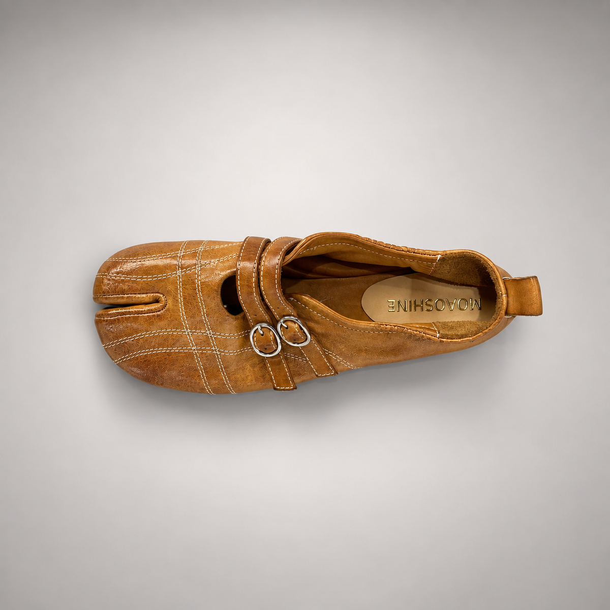 Tan double-buckle split-toe flats, view 7
