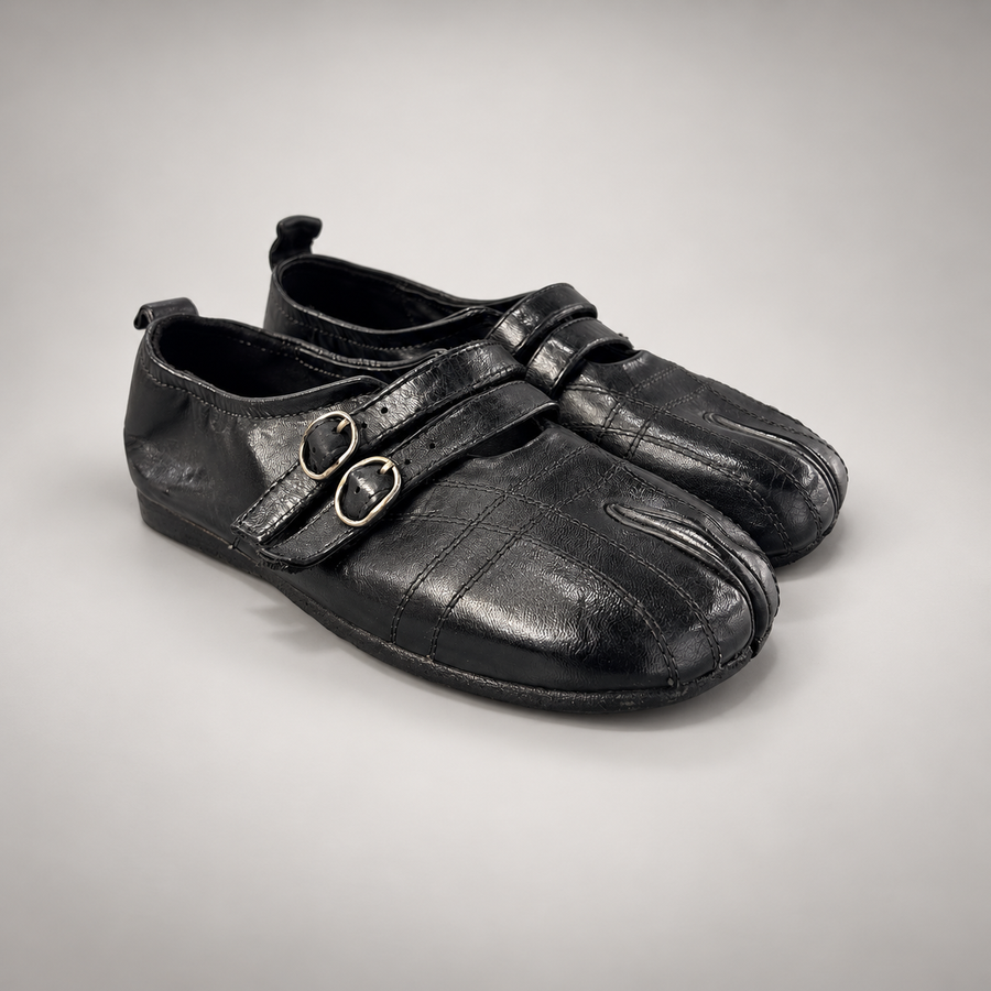 Black washed horse leather double-buckle split-toe flats, pair