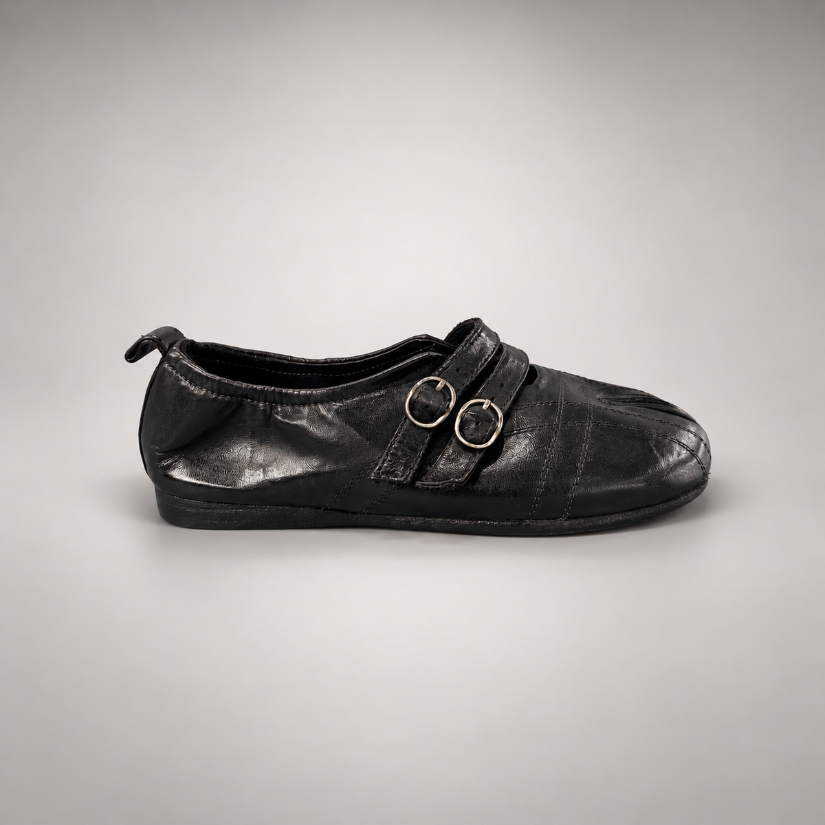 Black double-buckle split-toe flats, view 2