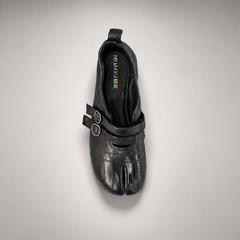 Black double-buckle split-toe flats, view 5