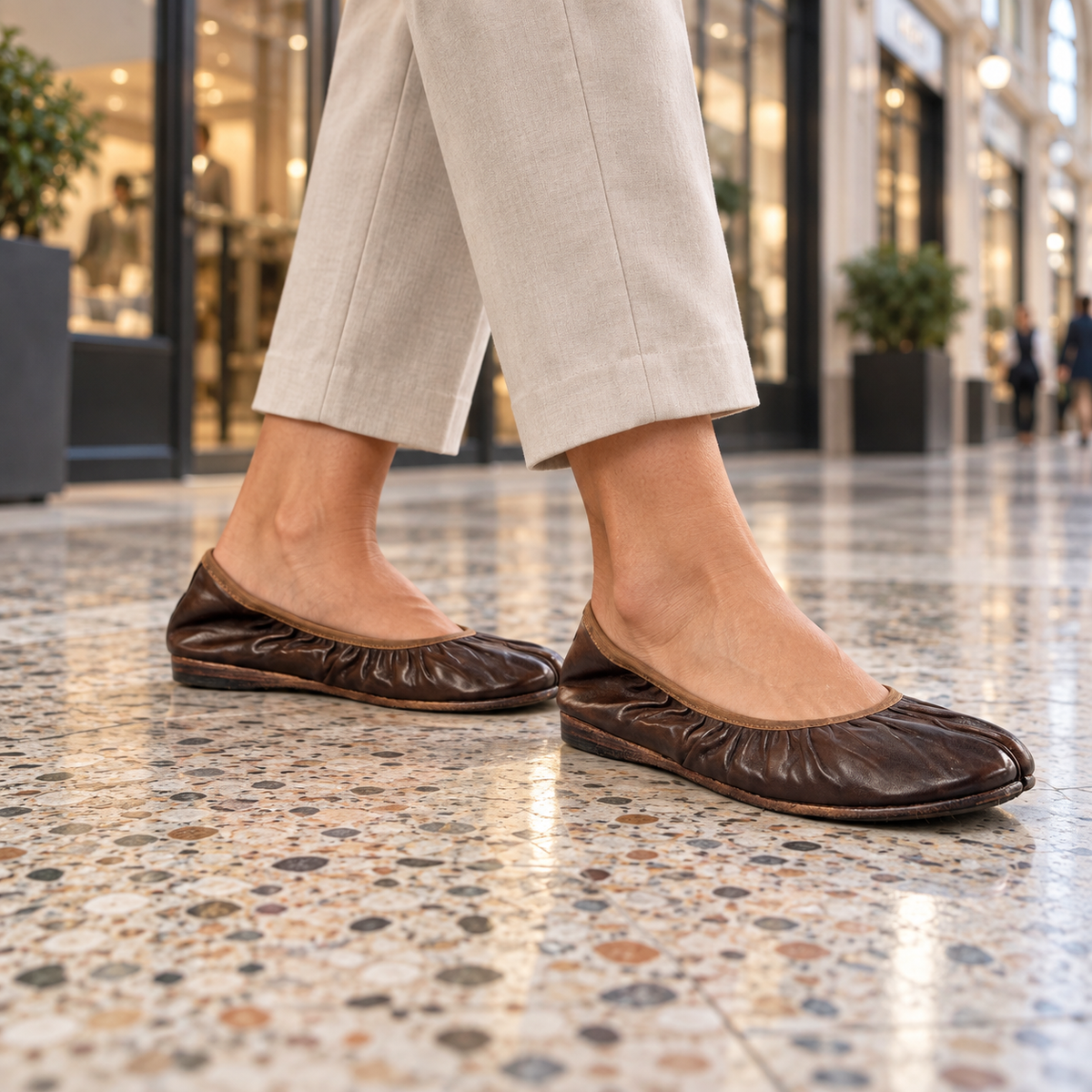Brown shoes worn on feet