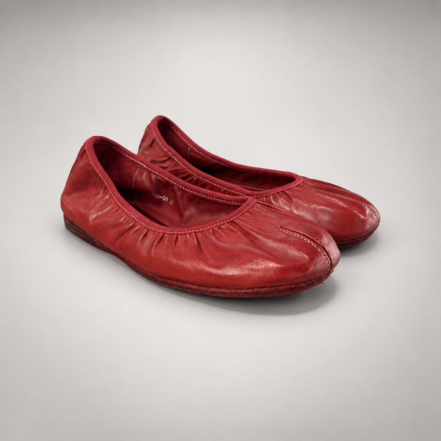 Red washed horse leather gathered ballet flats, pair
