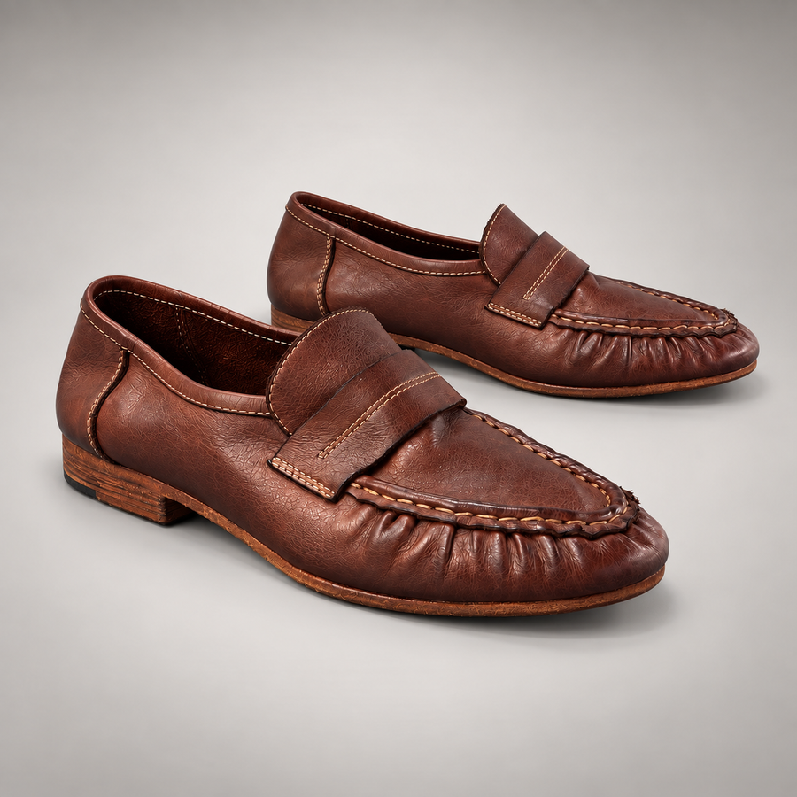 Brown washed horse leather loafers, pair