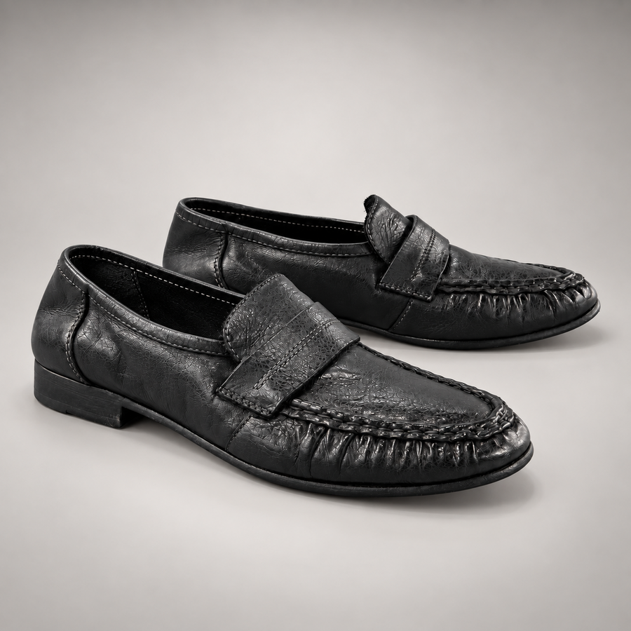 Black washed horse leather loafers, pair