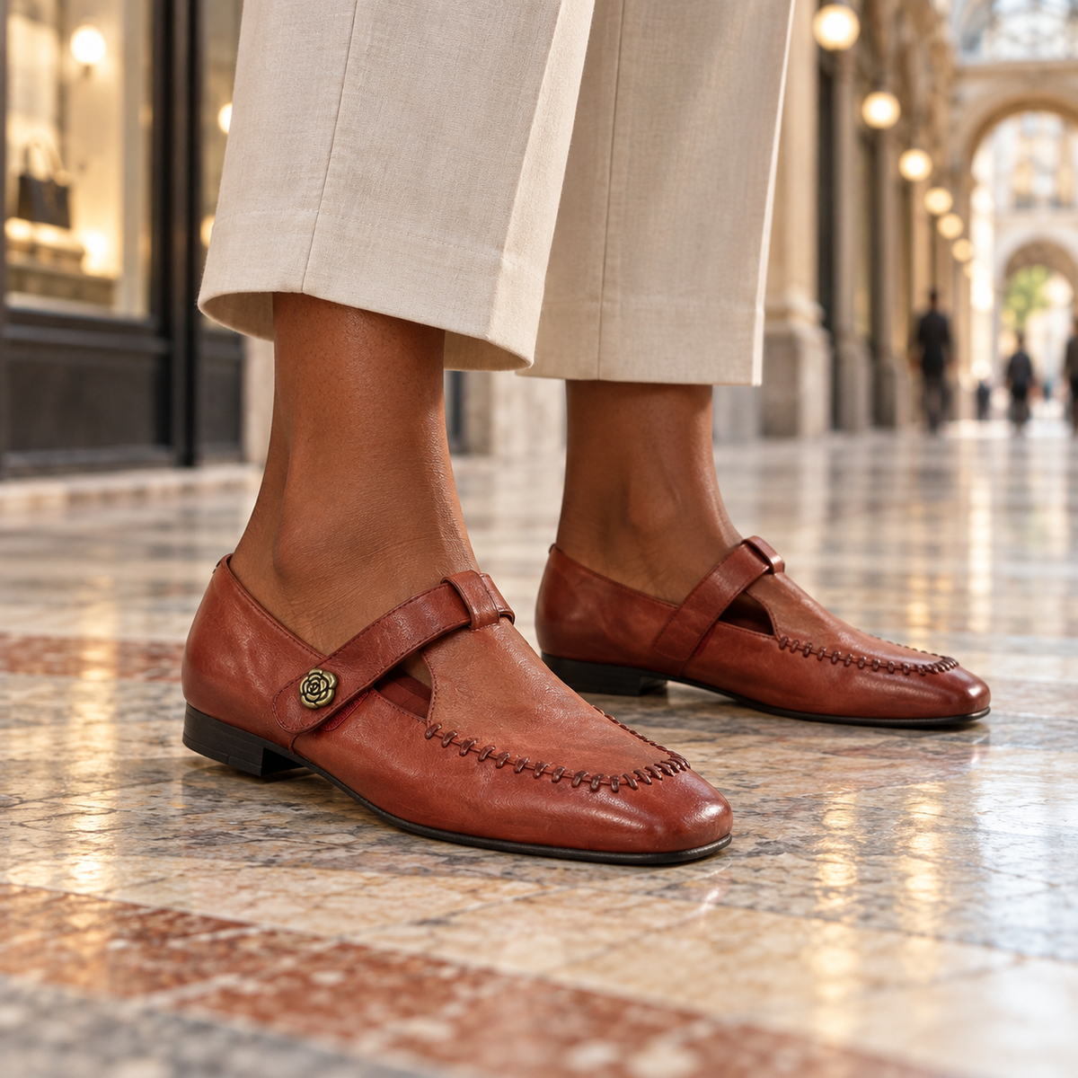 Red shoes worn on feet