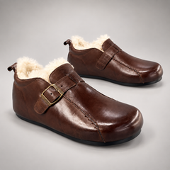 Brown washed horse leather buckle flats, pair
