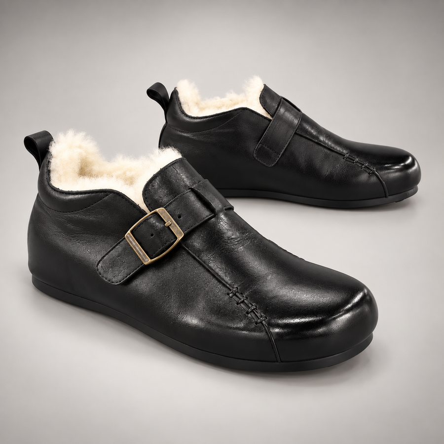 Black washed horse leather buckle flats, pair