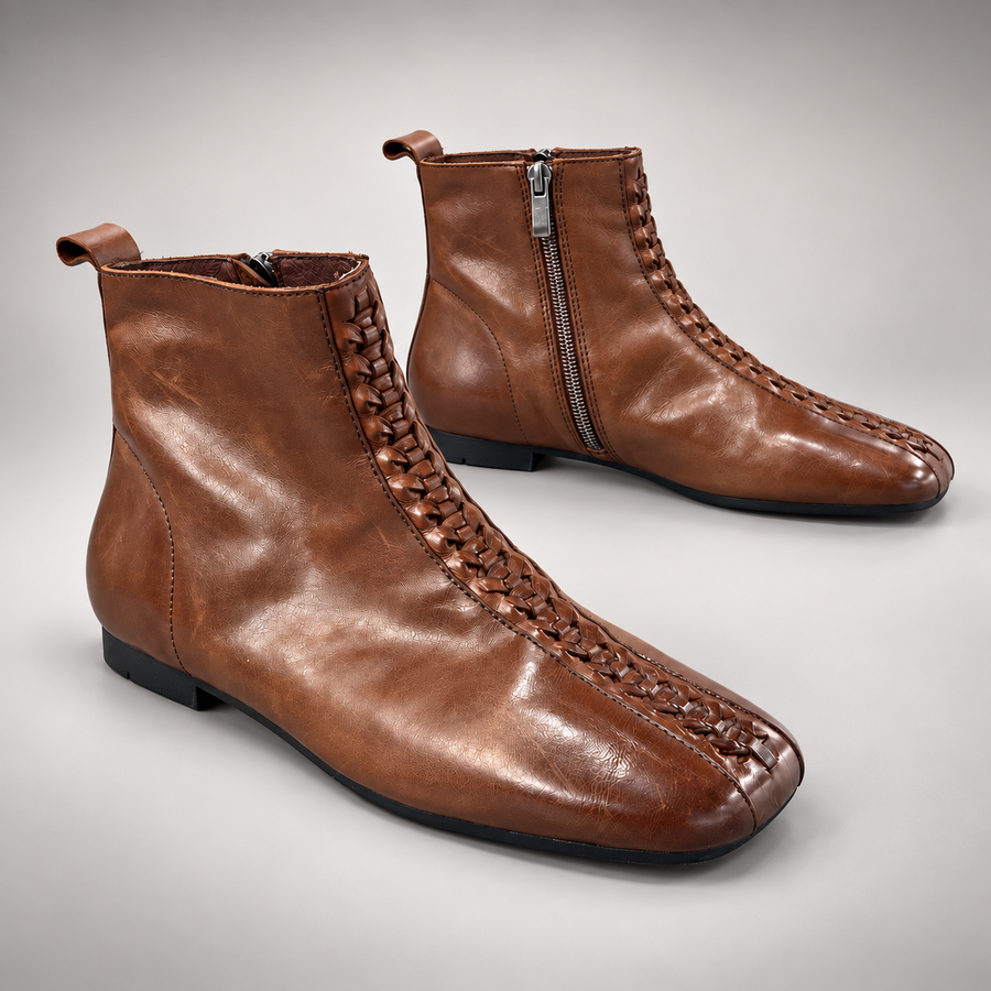 Brown washed horse leather woven-front ankle boots, pair