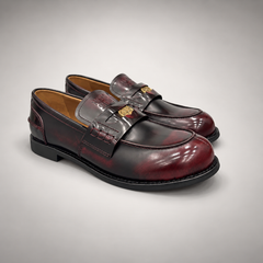 Burgundy top-grain cow leather emblem loafers, pair