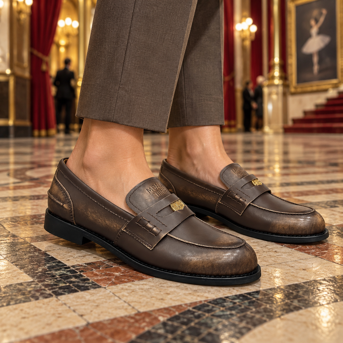 Brown emblem loafers worn on feet
